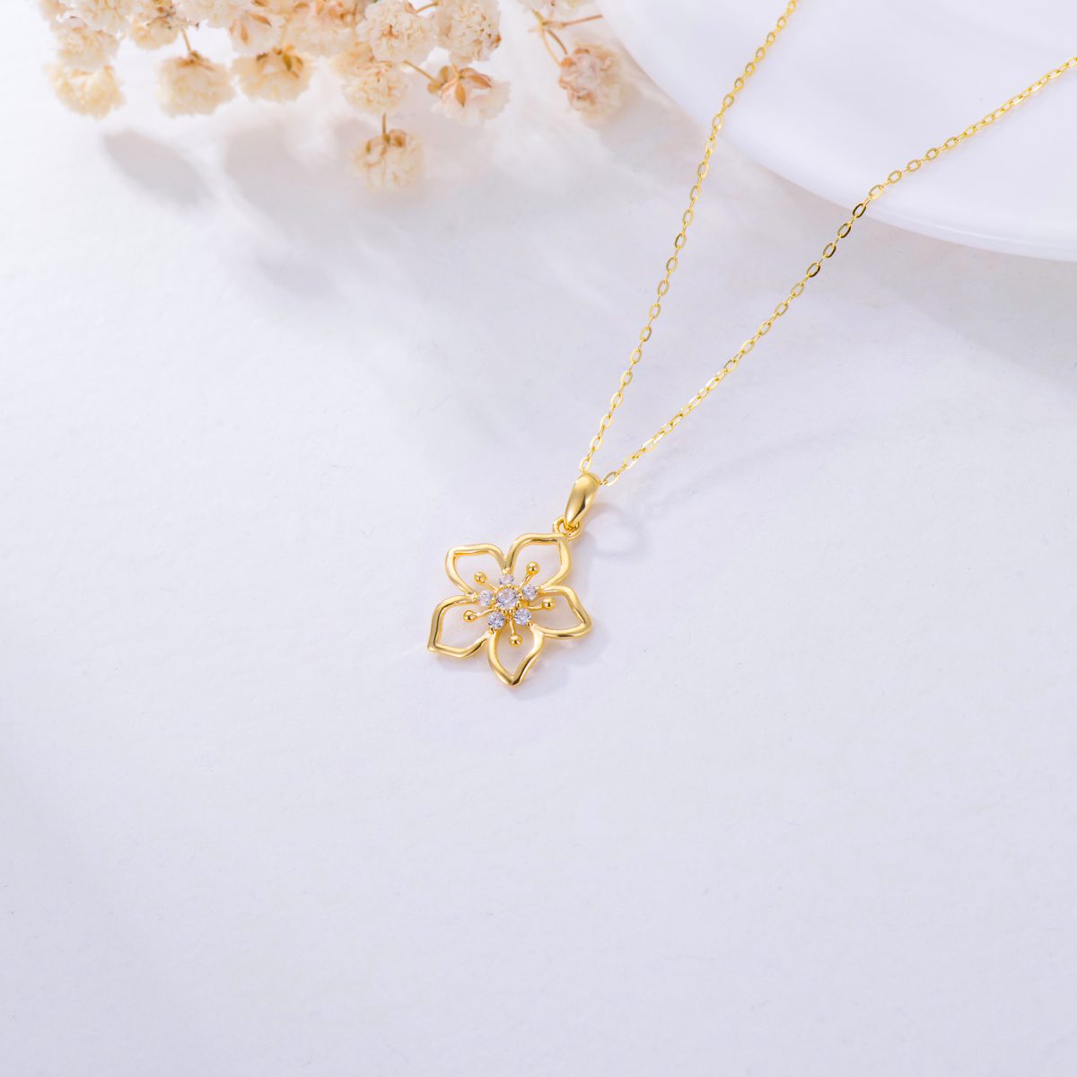 Collana con ciondolo a forma di fiore di ciliegio in moissanite rotonda in oro 14K-4