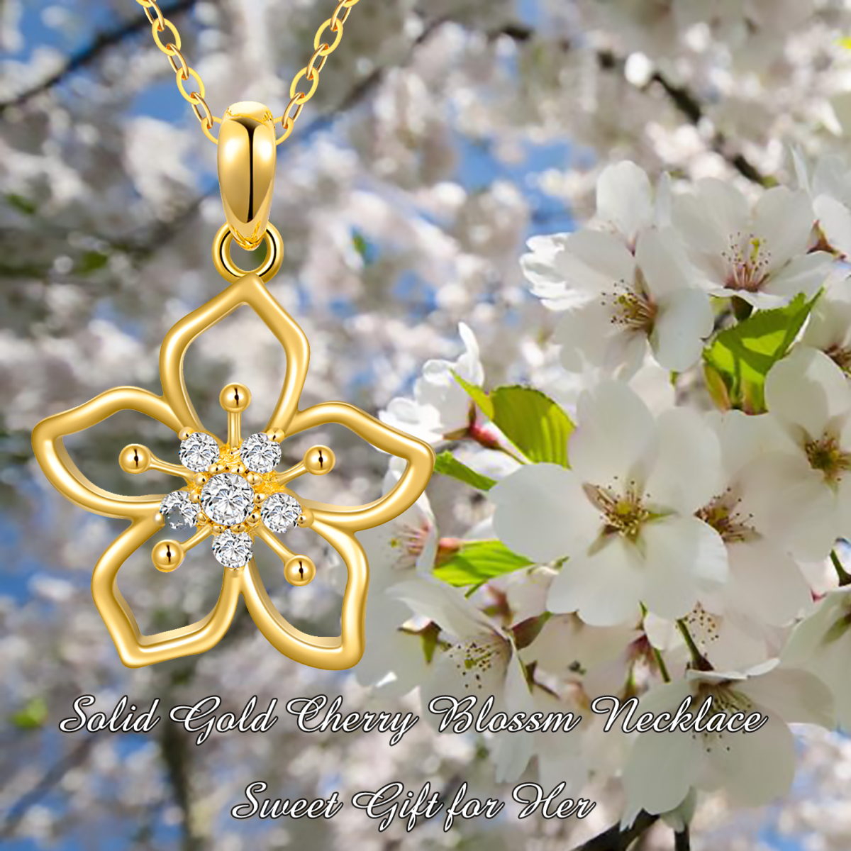 10K Gold Round Moissanite Cherry Blossom Pendant Necklace-6