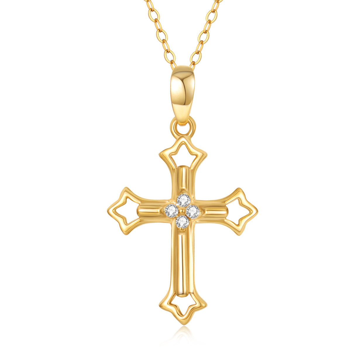 10K Gold Round Moissanite Cross Pendant Necklace-1