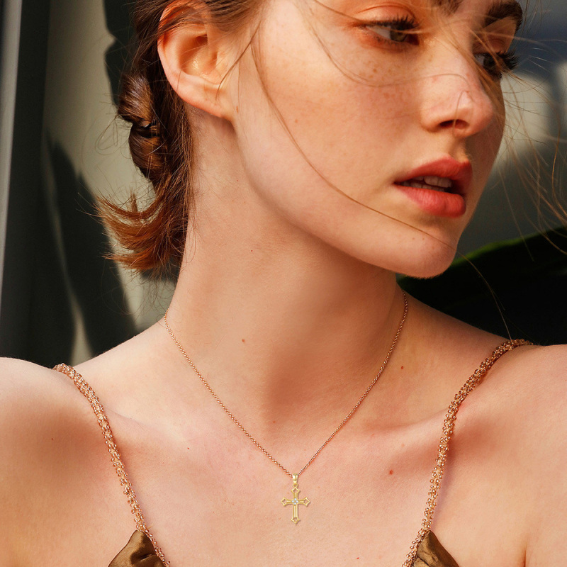 Colar de cruz de ouro 14K para mulheres colar com pingente de ouro maciço com moissanite-2