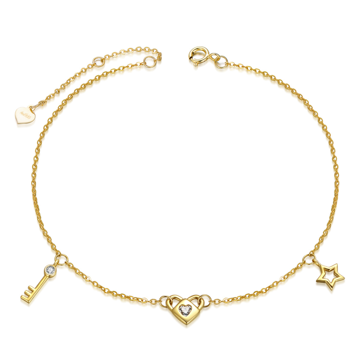 14K Yellow Gold Round Moissanite Heart With Key With Lock With Star Pendant Bracelet For Women-1