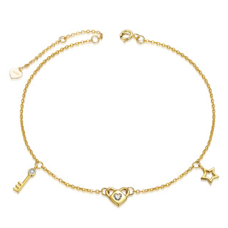 14K Yellow Gold Round Moissanite Heart With Key With Lock With Star Pendant Bracelet For Women-2