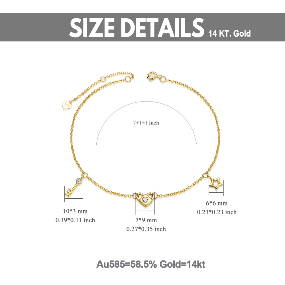 Armband mit rundem Moissanit-Herz und Schlüssel und Schloss aus 14 Karat Gelbgold für Damen-5
