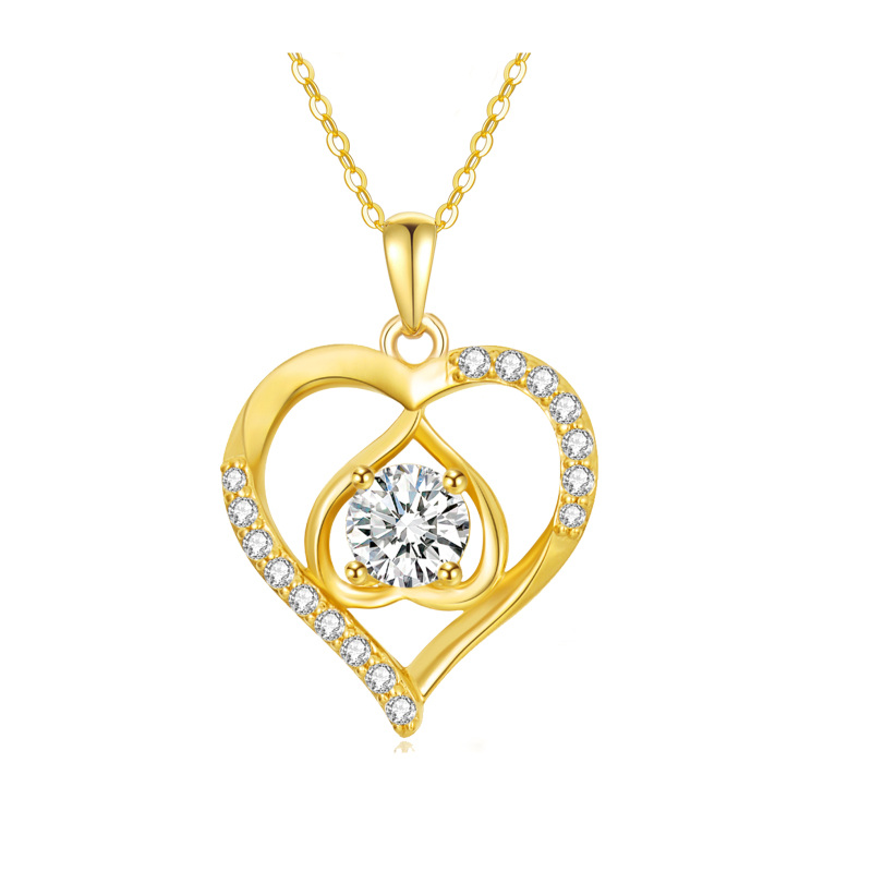10K Gold Round Moissanite Heart Pendant Necklace-14