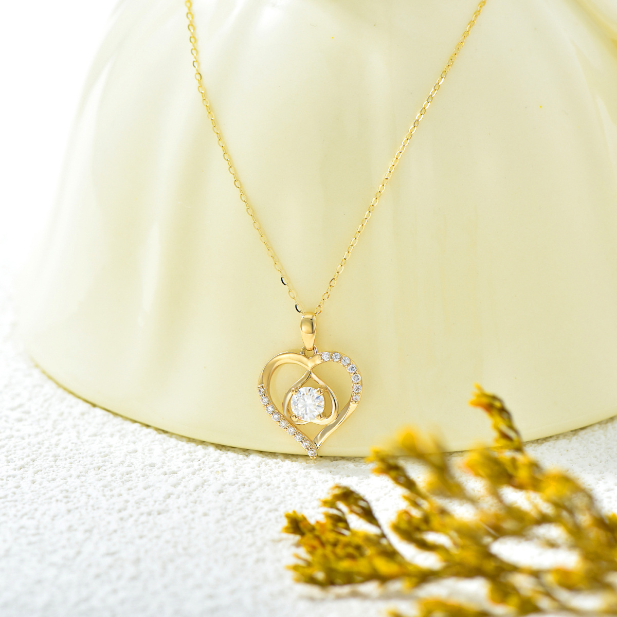 10K Gold Round Moissanite Heart Pendant Necklace-5