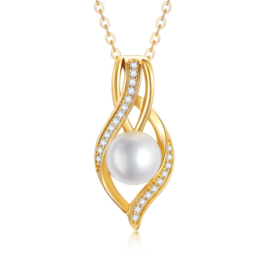 Collana con ciondolo a simbolo infinito in oro 14K con moissanite rotonda e perla