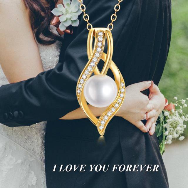 Collana con ciondolo a simbolo infinito in oro 14K con moissanite rotonda e perla-3