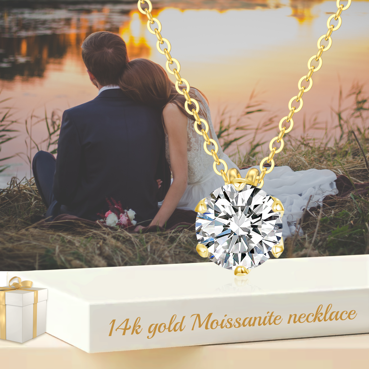 Collier pendentif Moissanite ronde en or 14K-7