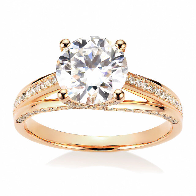 Bague de fiançailles en or 14K avec gravure personnalisée et couple de Moissanites rondes