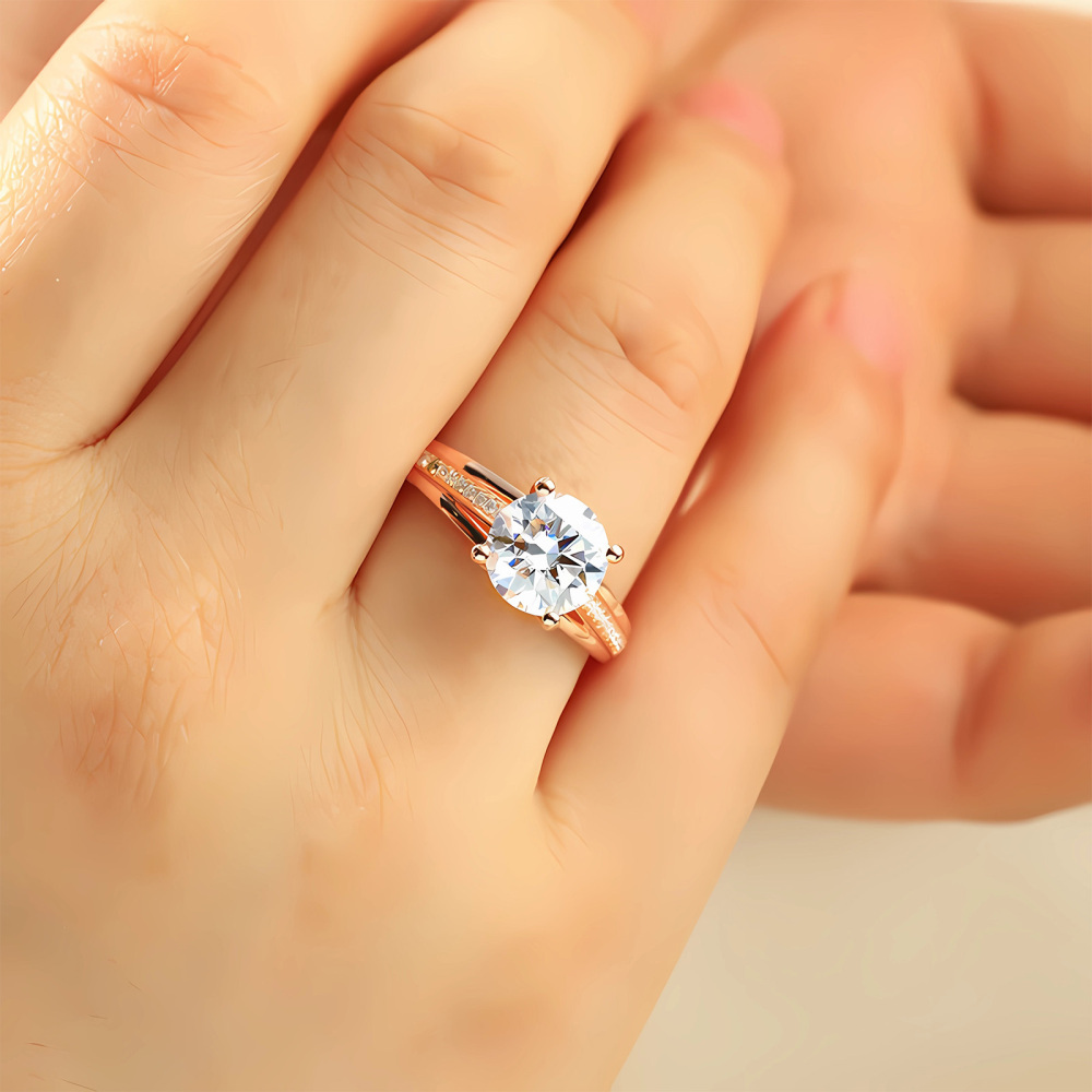10K Gold Round Moissanite Personalized Engraving & Engagement Ring-2