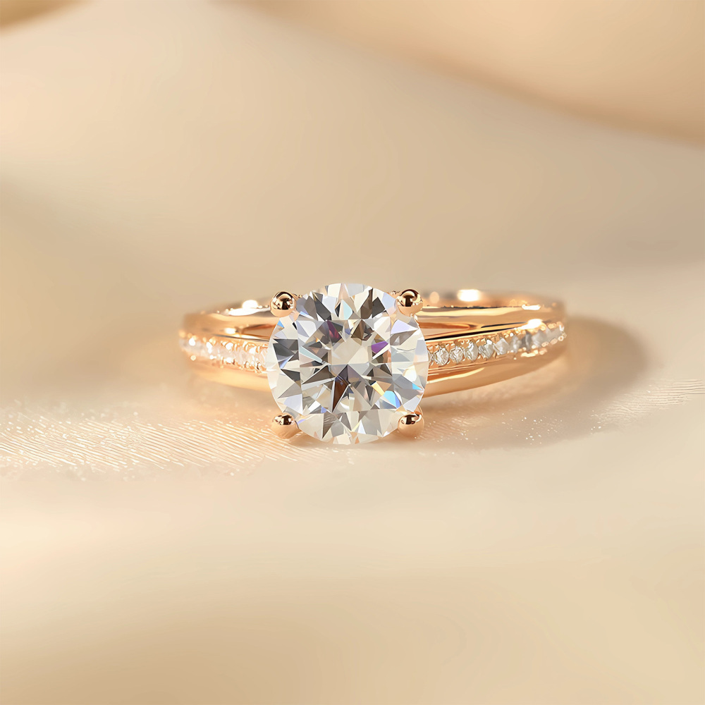 10K Gold Round Moissanite Personalized Engraving & Engagement Ring-4