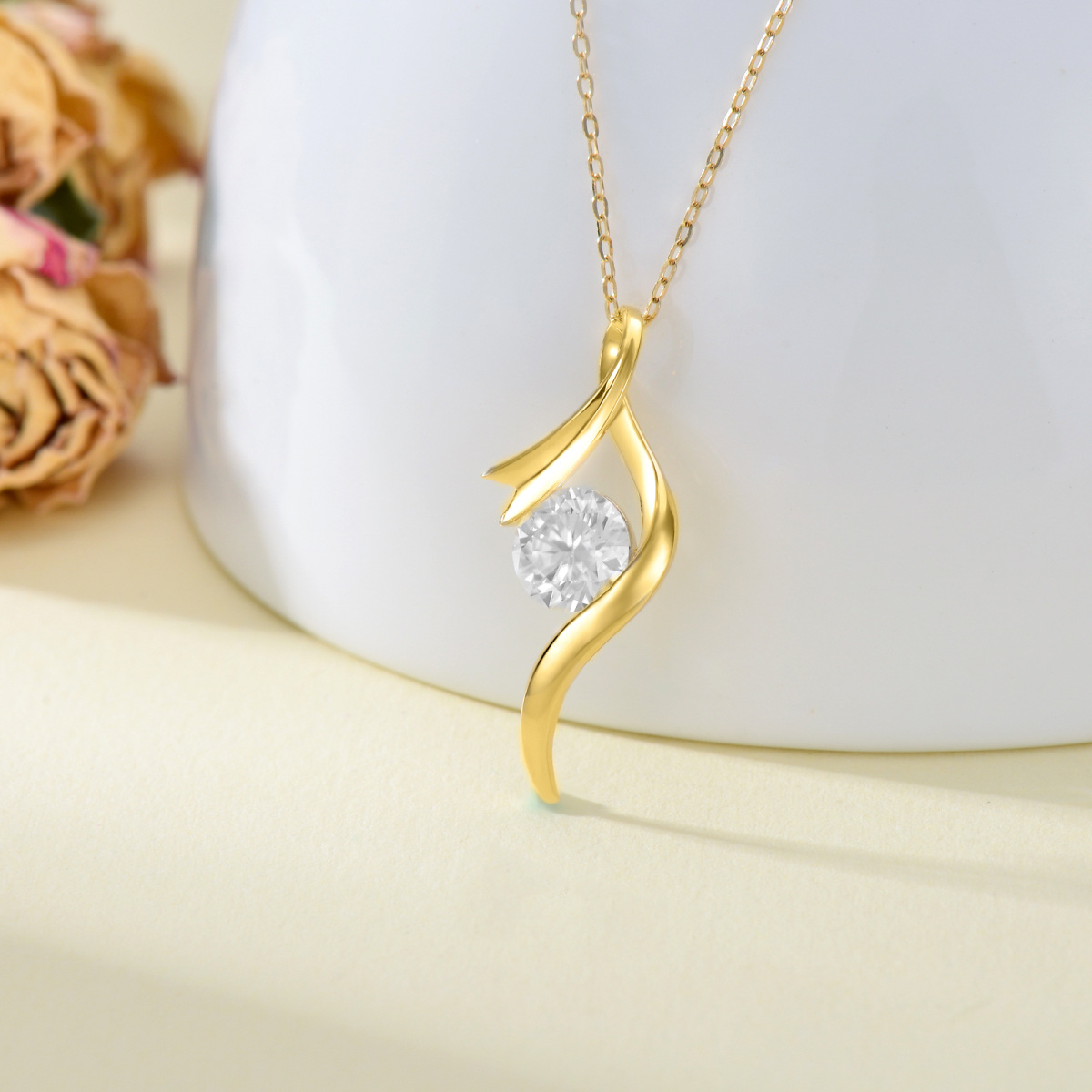 14K Gold Round Moissanite Ribbon Pendant Necklace-3