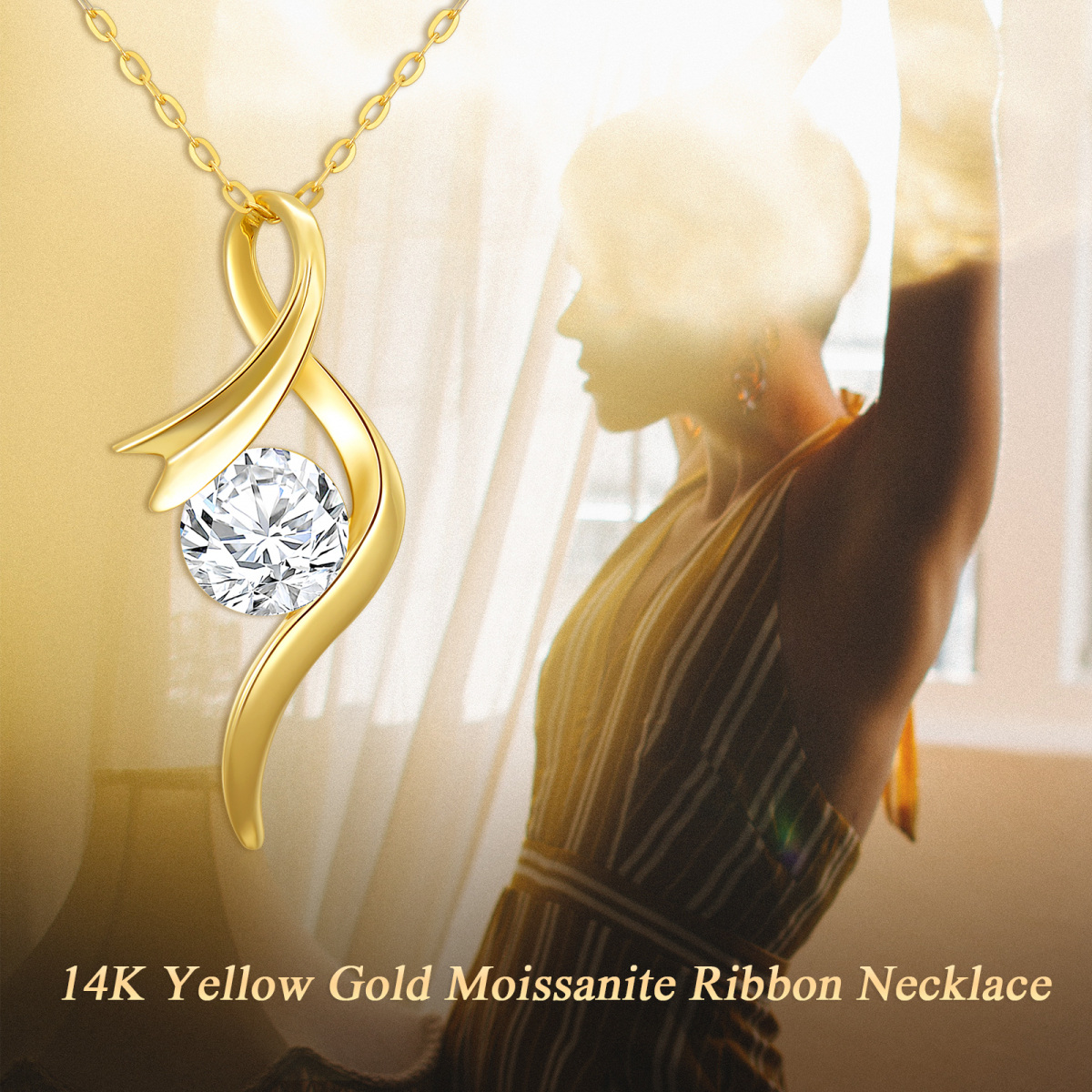 14K Gold Round Moissanite Ribbon Pendant Necklace-4