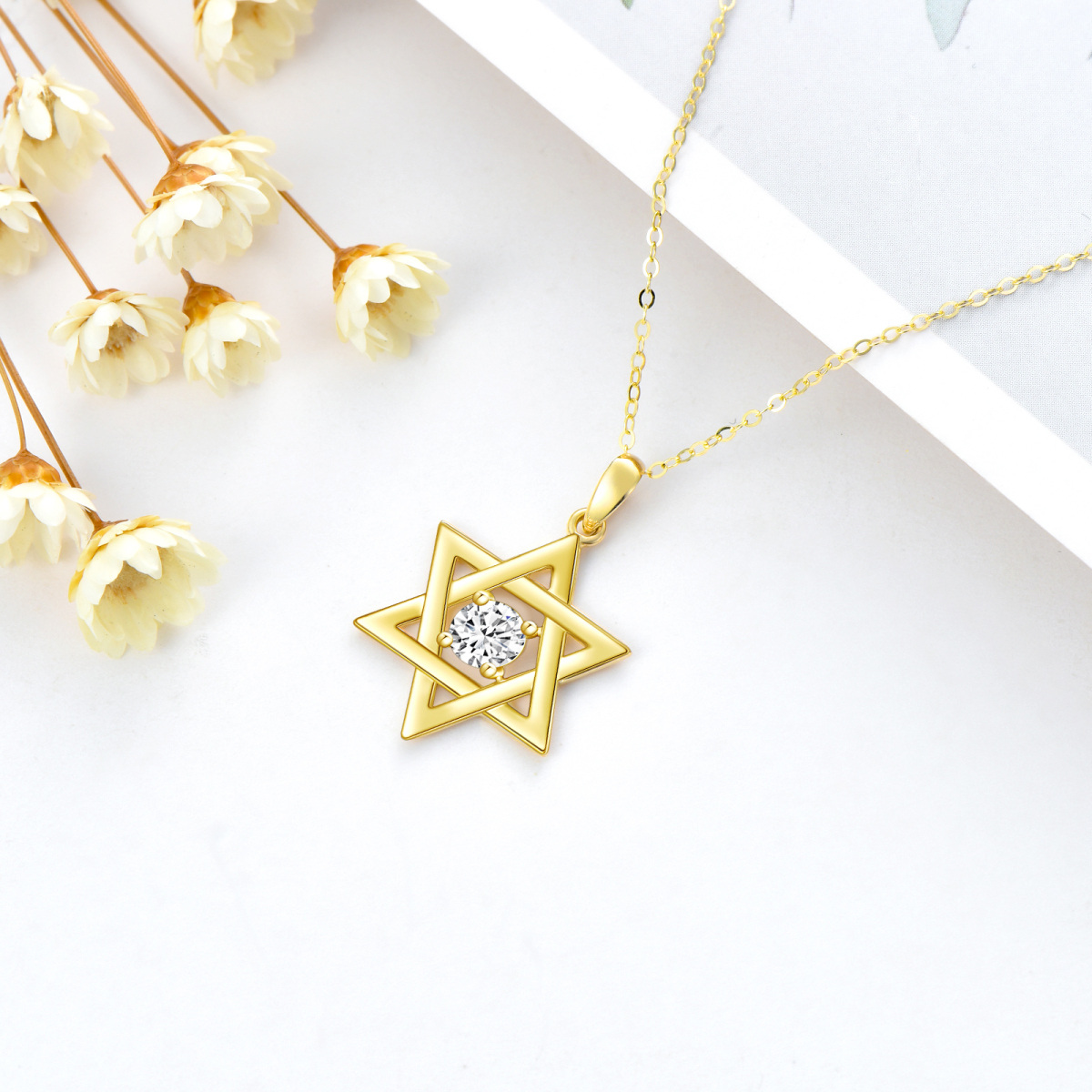 14K Gold Round Moissanite Star Of David Pendant Necklace-3