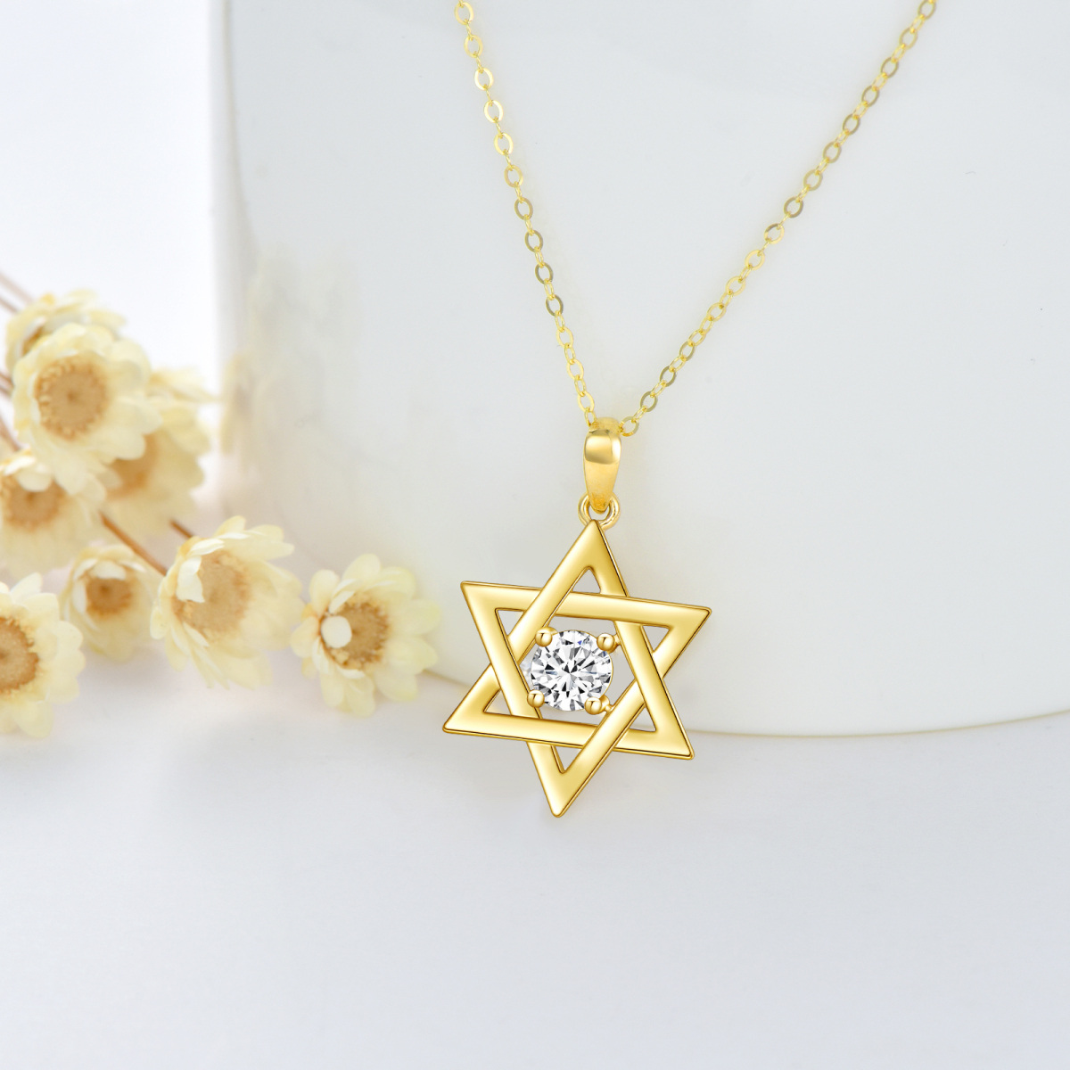 14K Gold Round Moissanite Star Of David Pendant Necklace-4