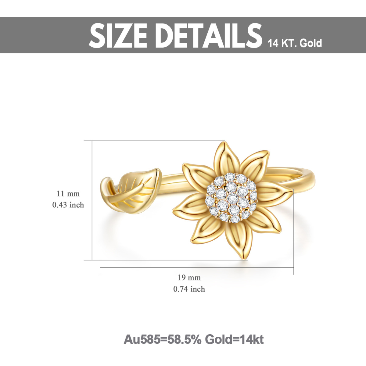 Bague ouverte en or 14K Moissanite Sunflower Bijoux Cadeau pour les femmes-3