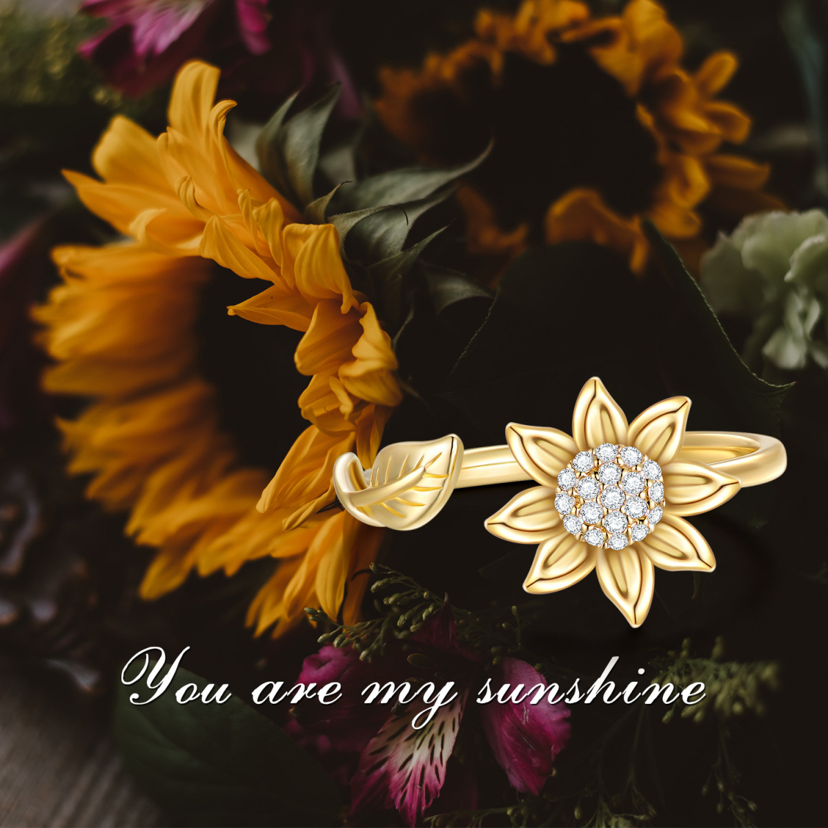 14K Gold Moissanite Sunflower Open Ring Jewelry Gift for Women-4