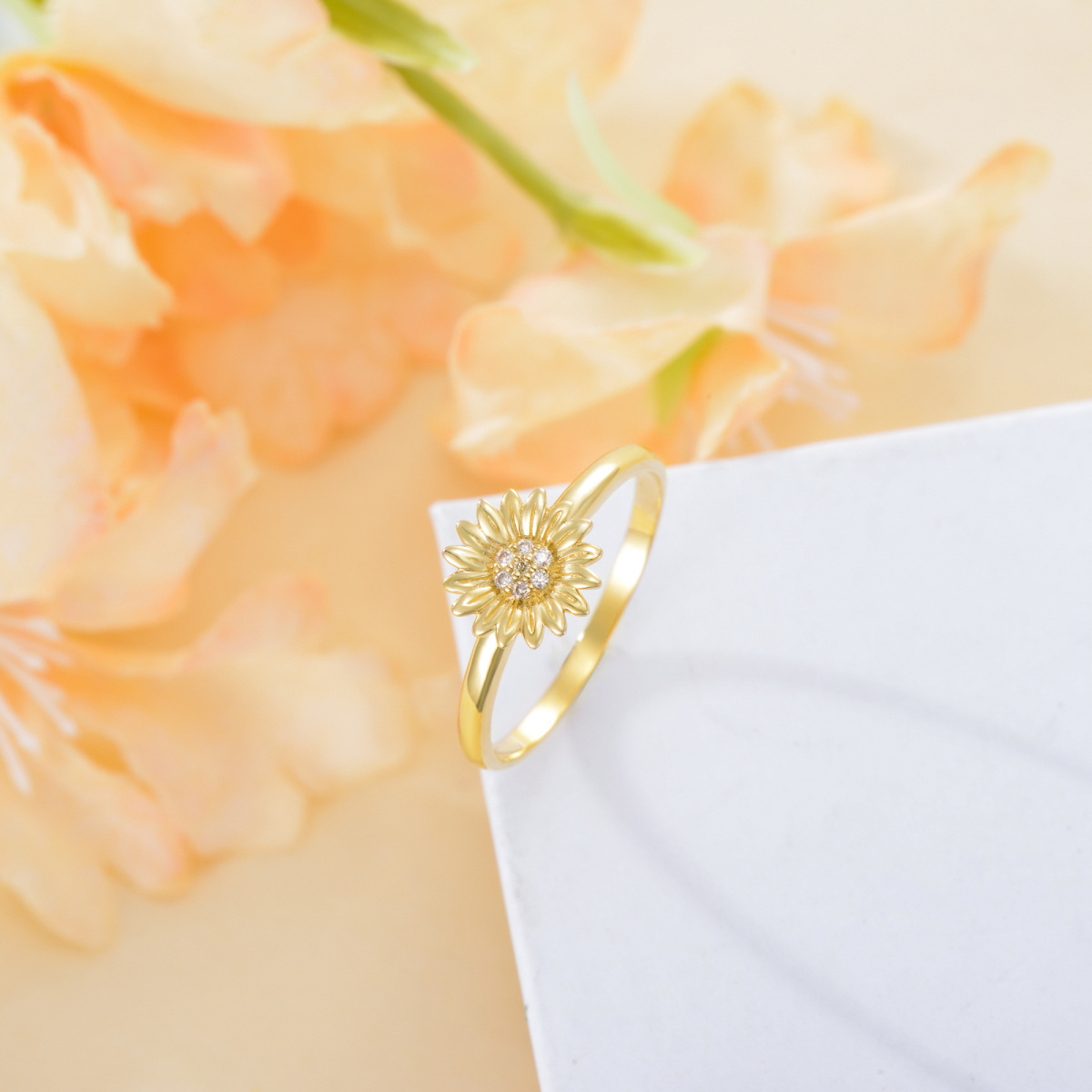 14K Gold Round Moissanite Sunflower Ring-4