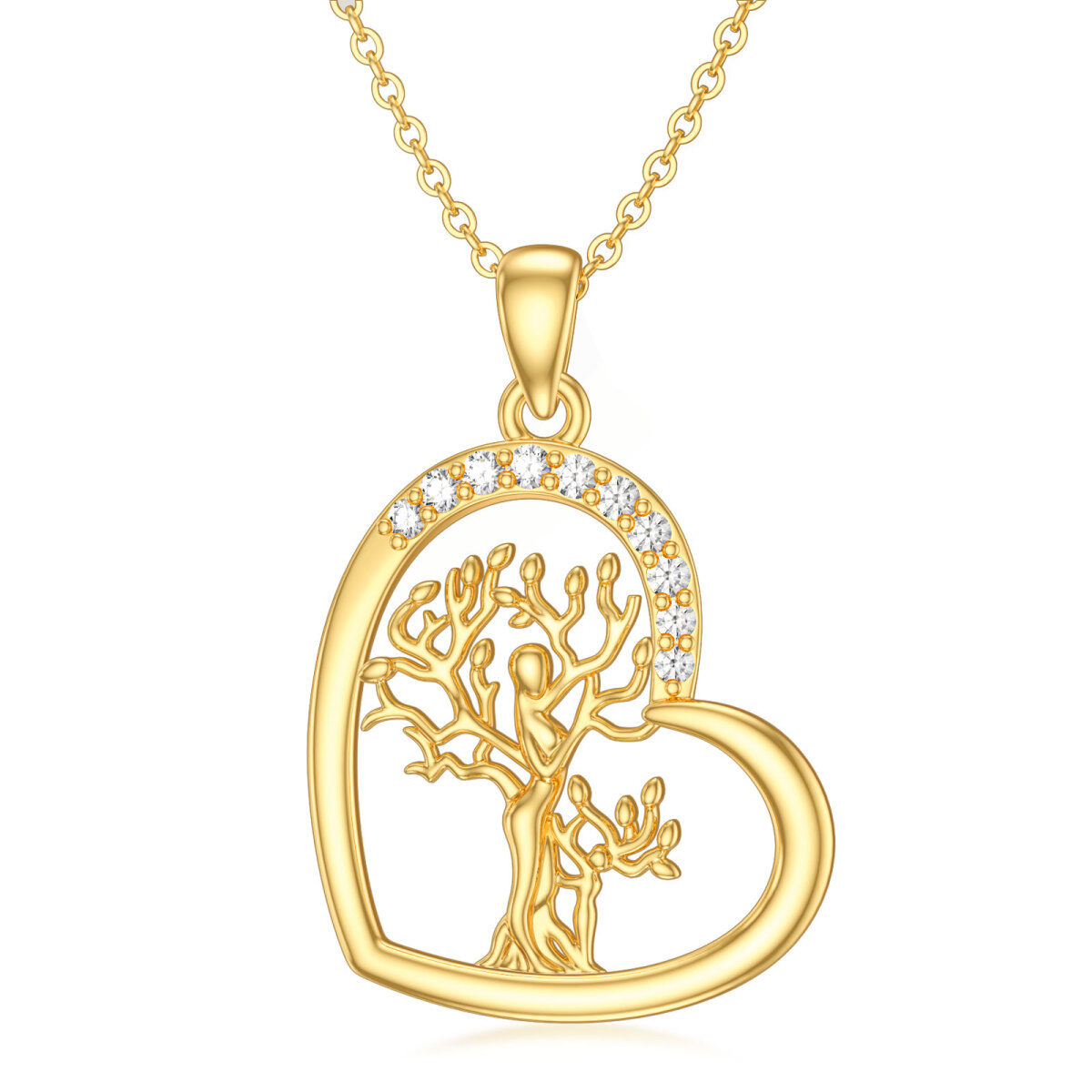 Collana con ciondolo a forma di albero della vita in moissanite rotonda in oro 14K con cuore di madre e figlia-1