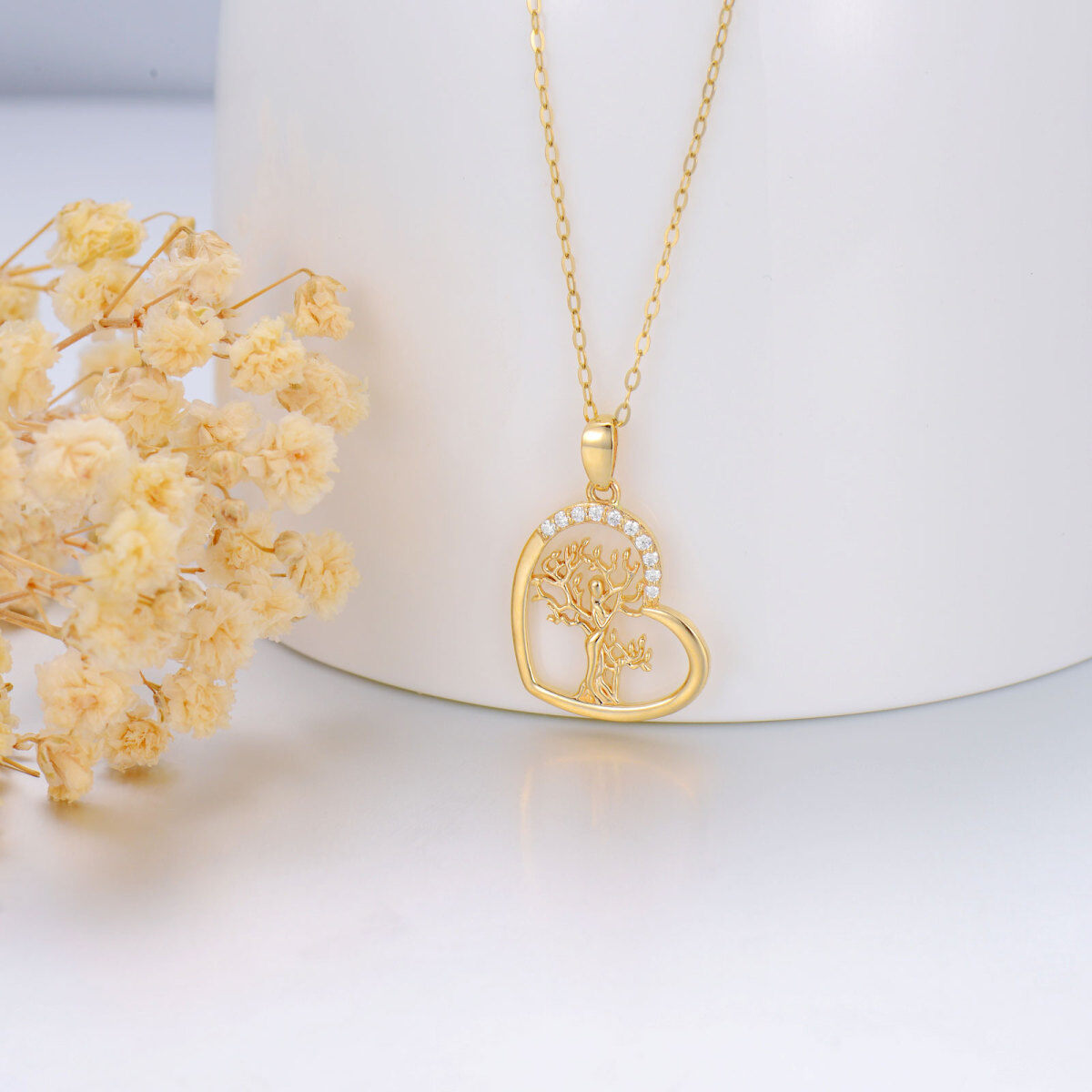 14K Gold Round Moissanite Tree Of Life Mother & Daughter Heart Pendant Necklace-3