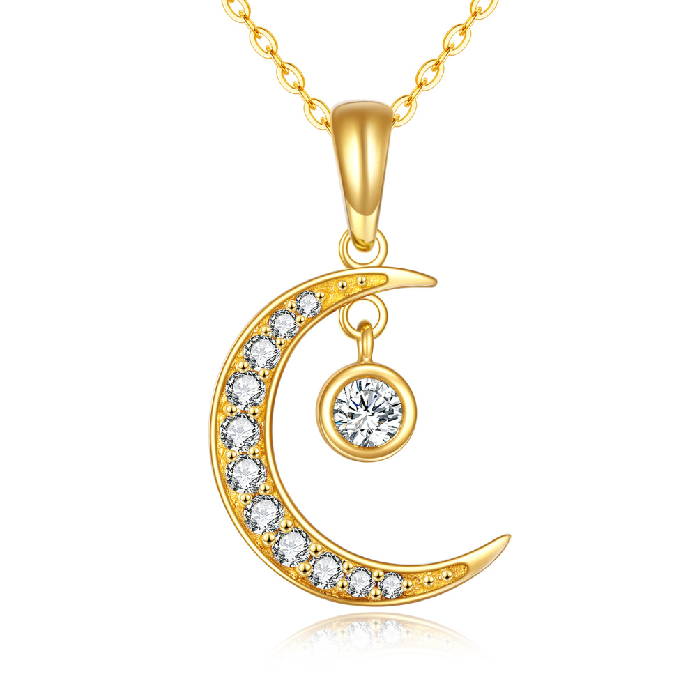 10K Gold Round Cubic Zirconia Moon & Sun Pendant Necklace-1