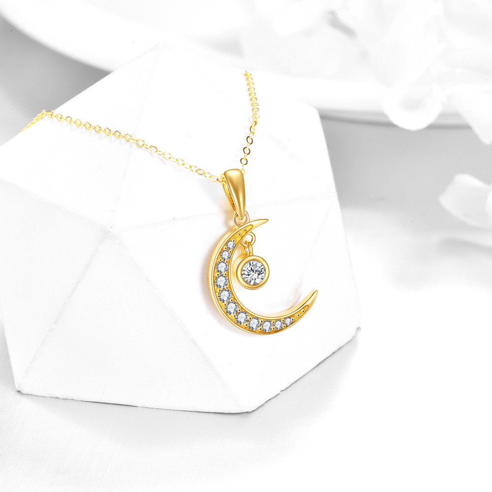 10K Gold Round Cubic Zirconia Moon & Sun Pendant Necklace-3