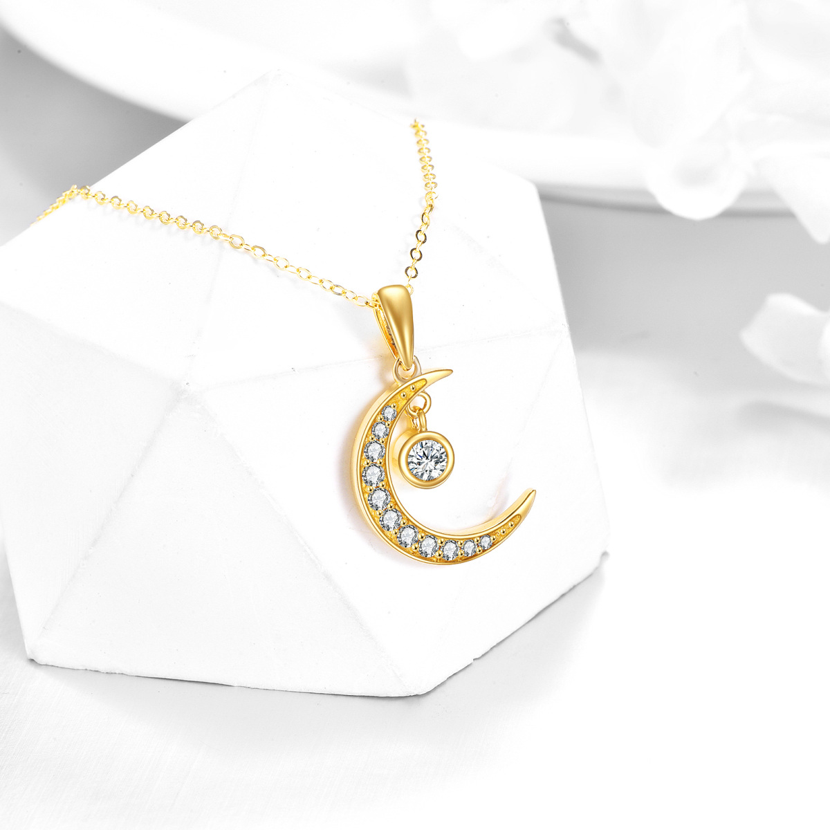 Collier pendentif lune et soleil en or 14K à zirconium cubique rond-3