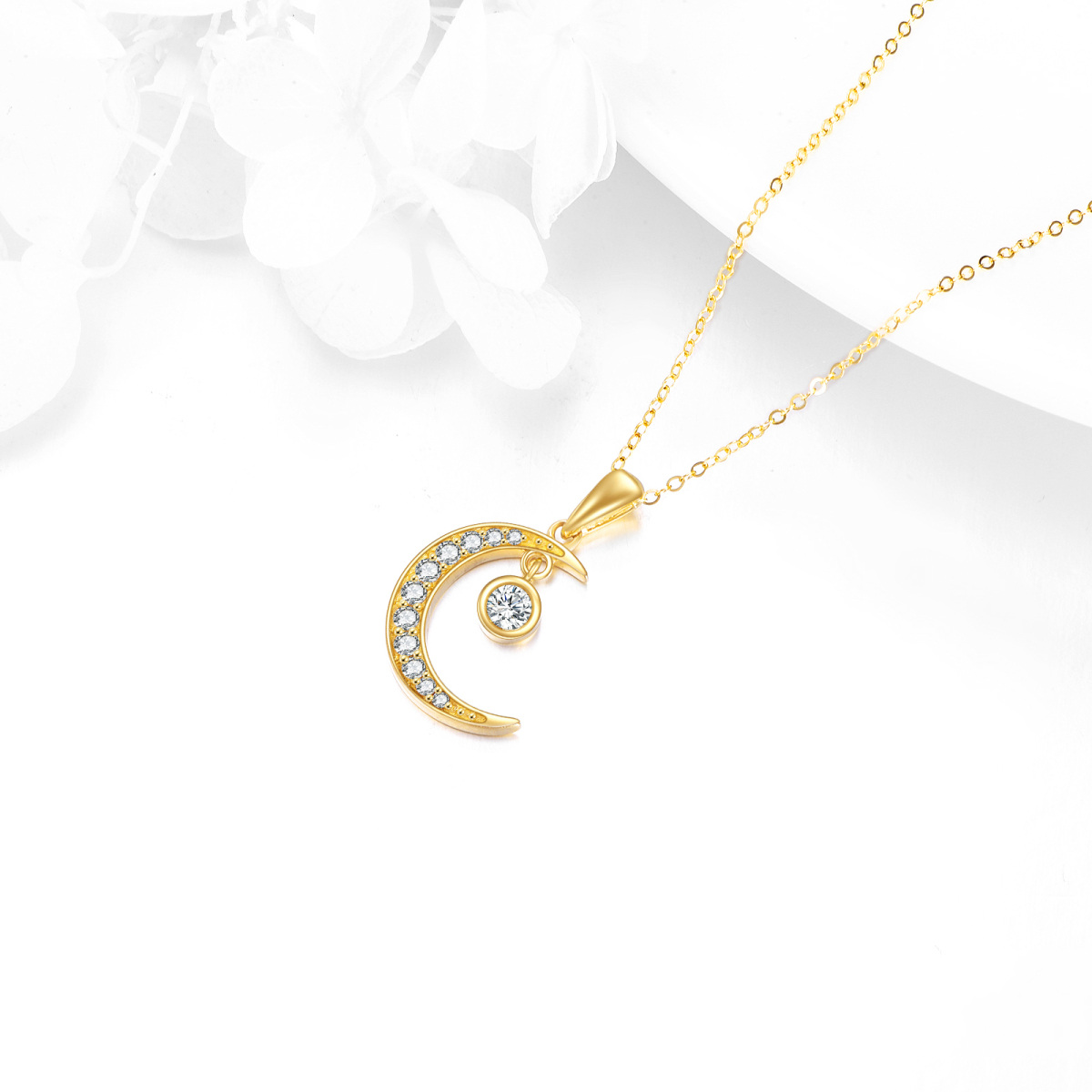 14K Gold Round Cubic Zirconia Moon & Sun Pendant Necklace-4