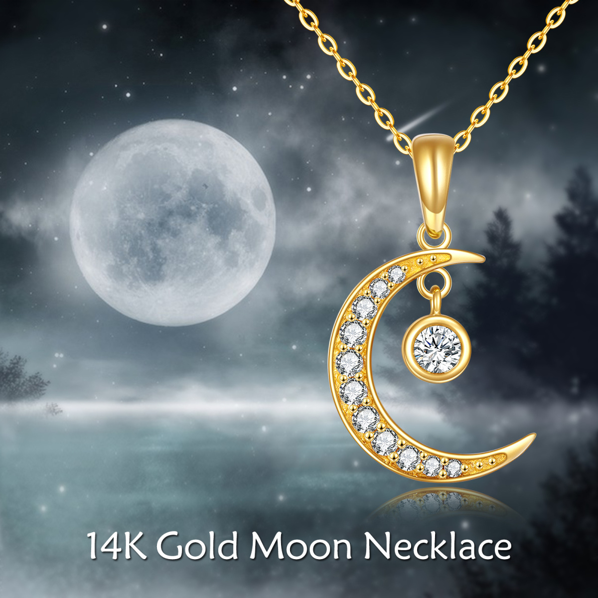 Collana con ciondolo a forma di luna e sole con zirconi rotondi in oro 14K-6