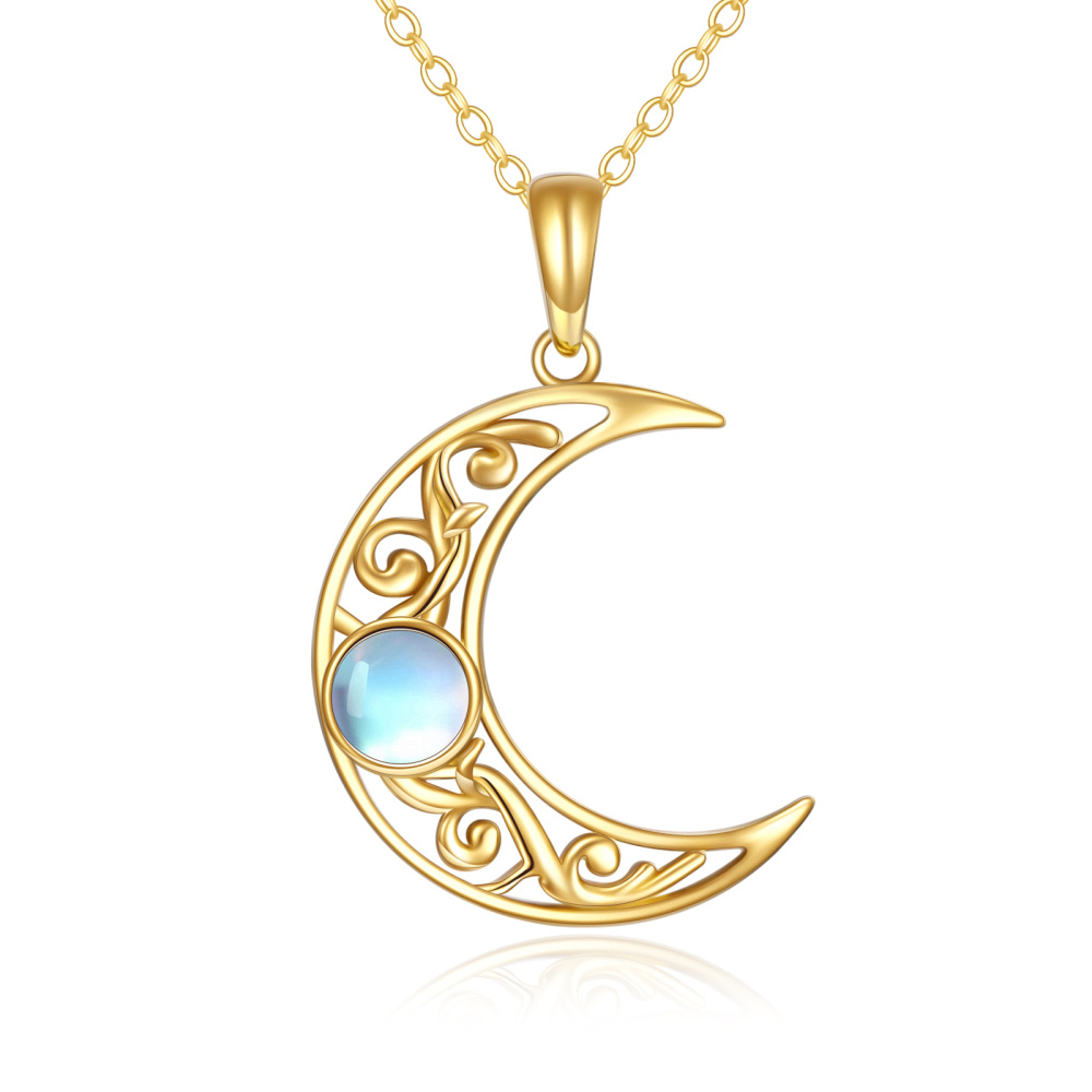 10K Gold Round Moonstone Moon Pendant Necklace-1