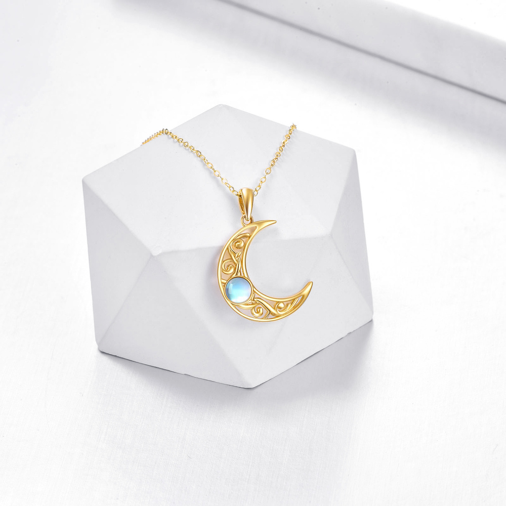 10K Gold Round Moonstone Moon Pendant Necklace-3