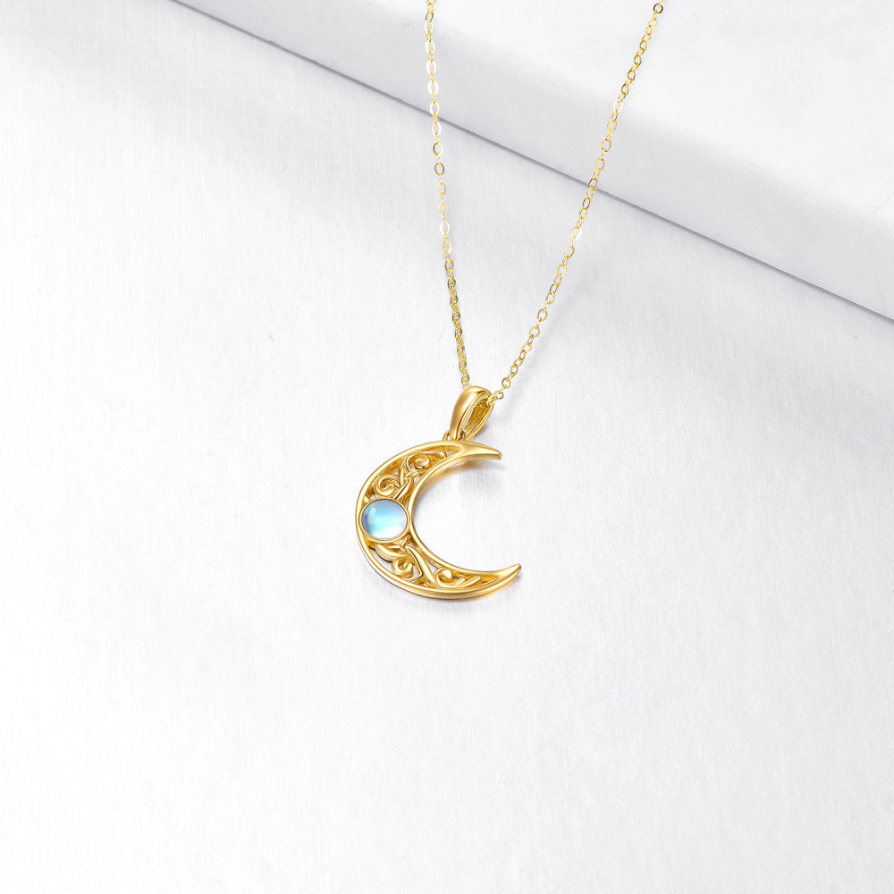 10K Gold Round Moonstone Moon Pendant Necklace-4