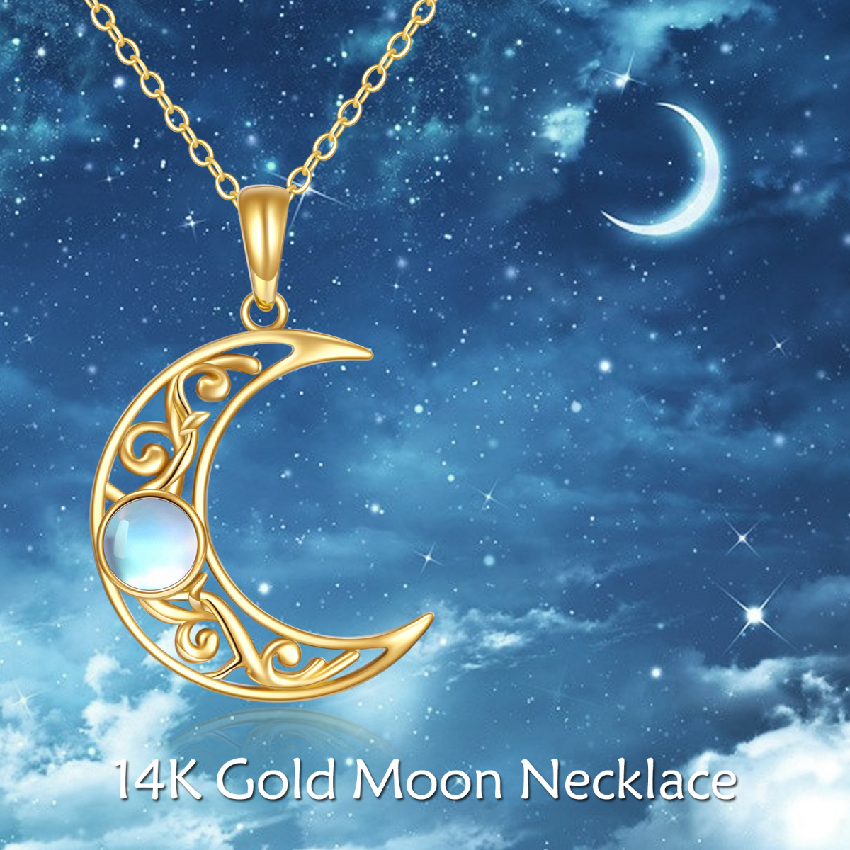 Collana con ciondolo in pietra lunare rotonda in oro 14K-6