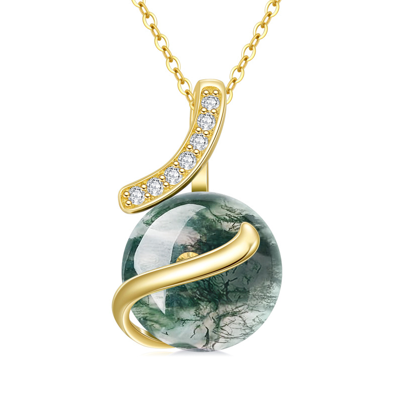 10K Gold Round Moss Agate Pendant Necklace-13