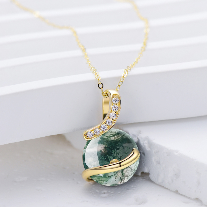10K White Gold Moss Agate Round Pendant Necklace-3