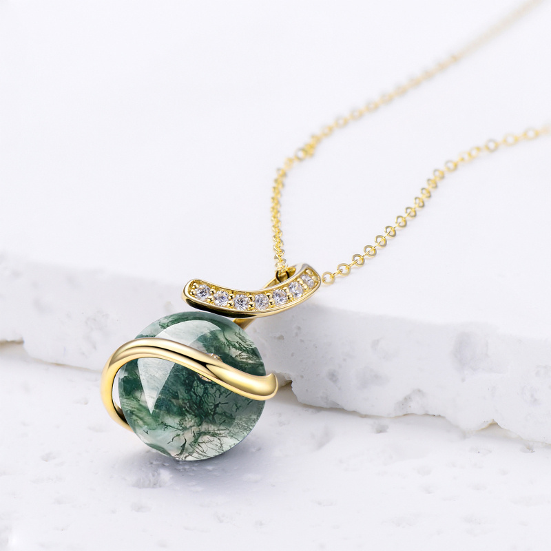 10K White Gold Moss Agate Round Pendant Necklace-4