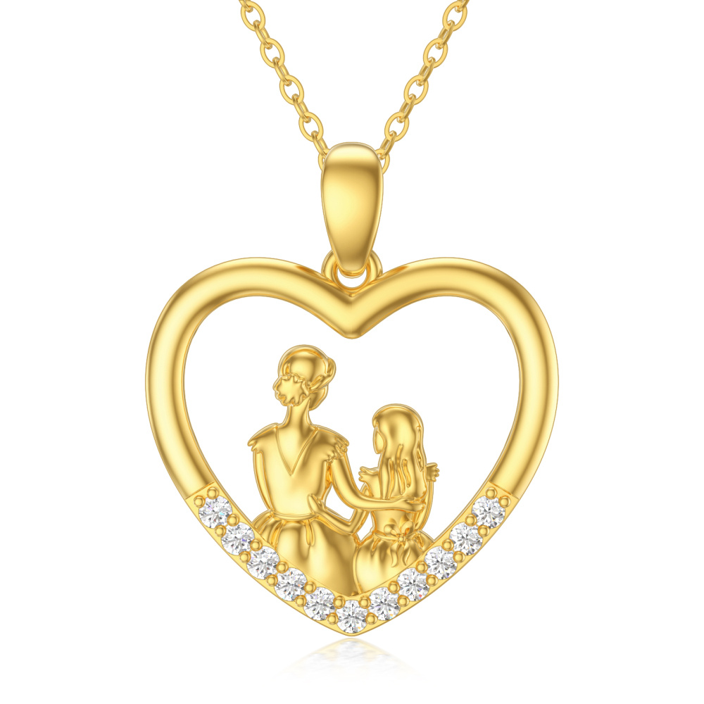 10K Gold Round Cubic Zirconia Mother & Daughter Heart Pendant Necklace-1