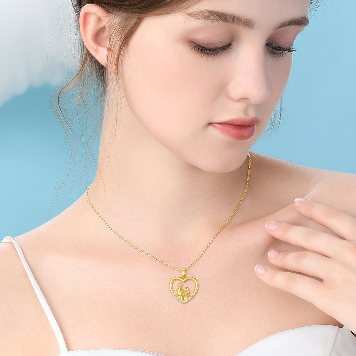 Collar Colgante Corazón Madre e Hija de Oro 14K Redondo Zirconia Cúbica-2