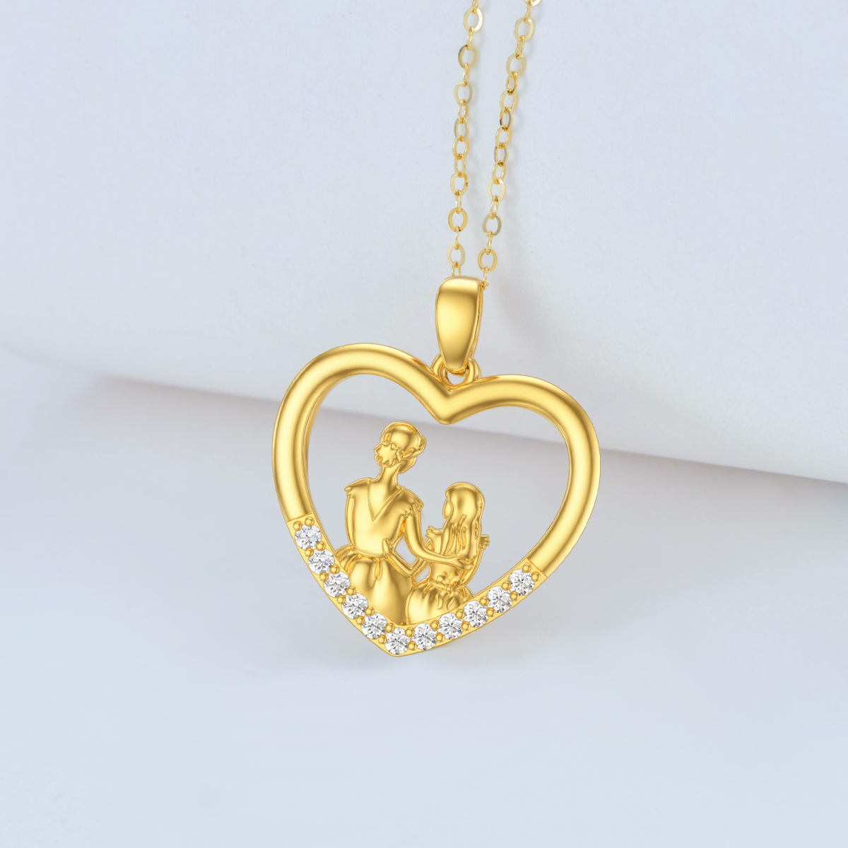 14K Gold Round Cubic Zirconia Mother & Daughter Heart Pendant Necklace-3