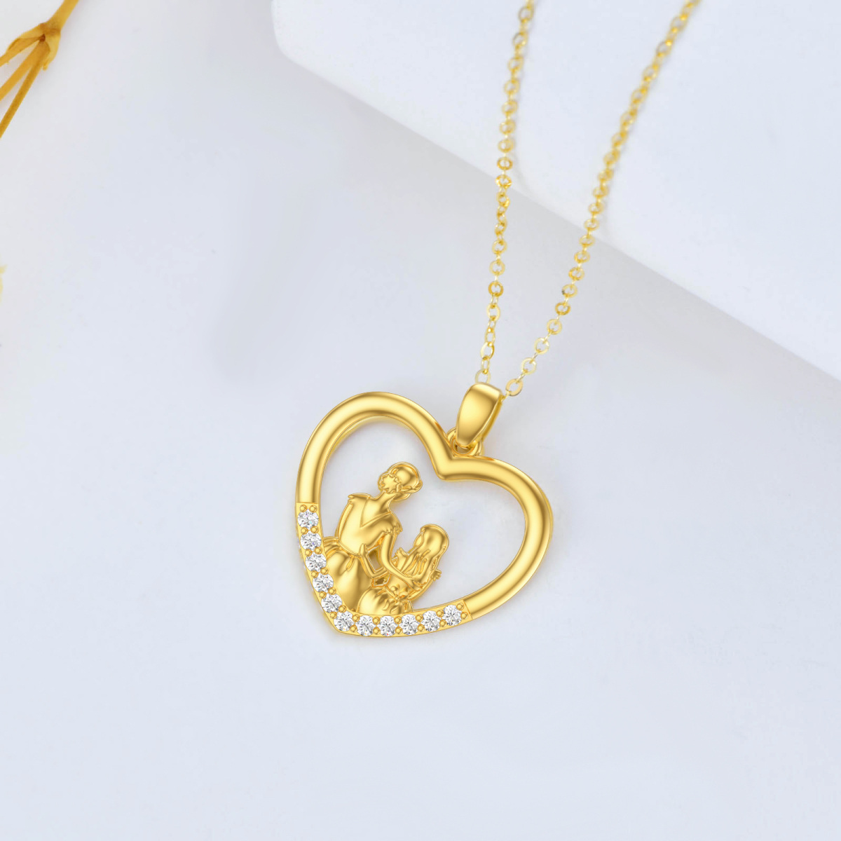 14K Gold Round Cubic Zirconia Mother & Daughter Heart Pendant Necklace-4