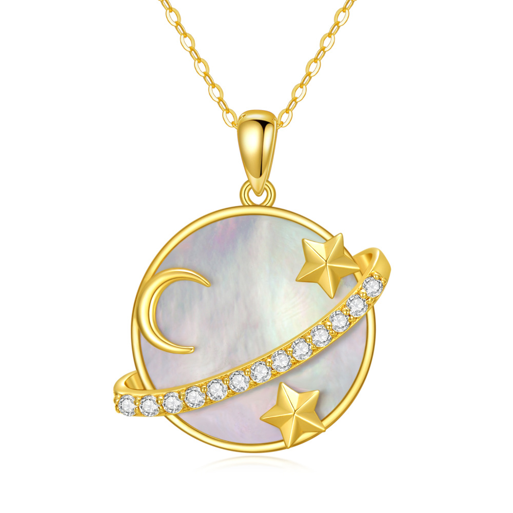 10K Gold Round Mother Of Pearl Moon & Planet With Star Pendant Necklace For Women-1