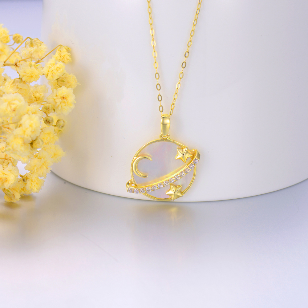 10K Gold Round Mother Of Pearl Moon & Planet With Star Pendant Necklace For Women-3