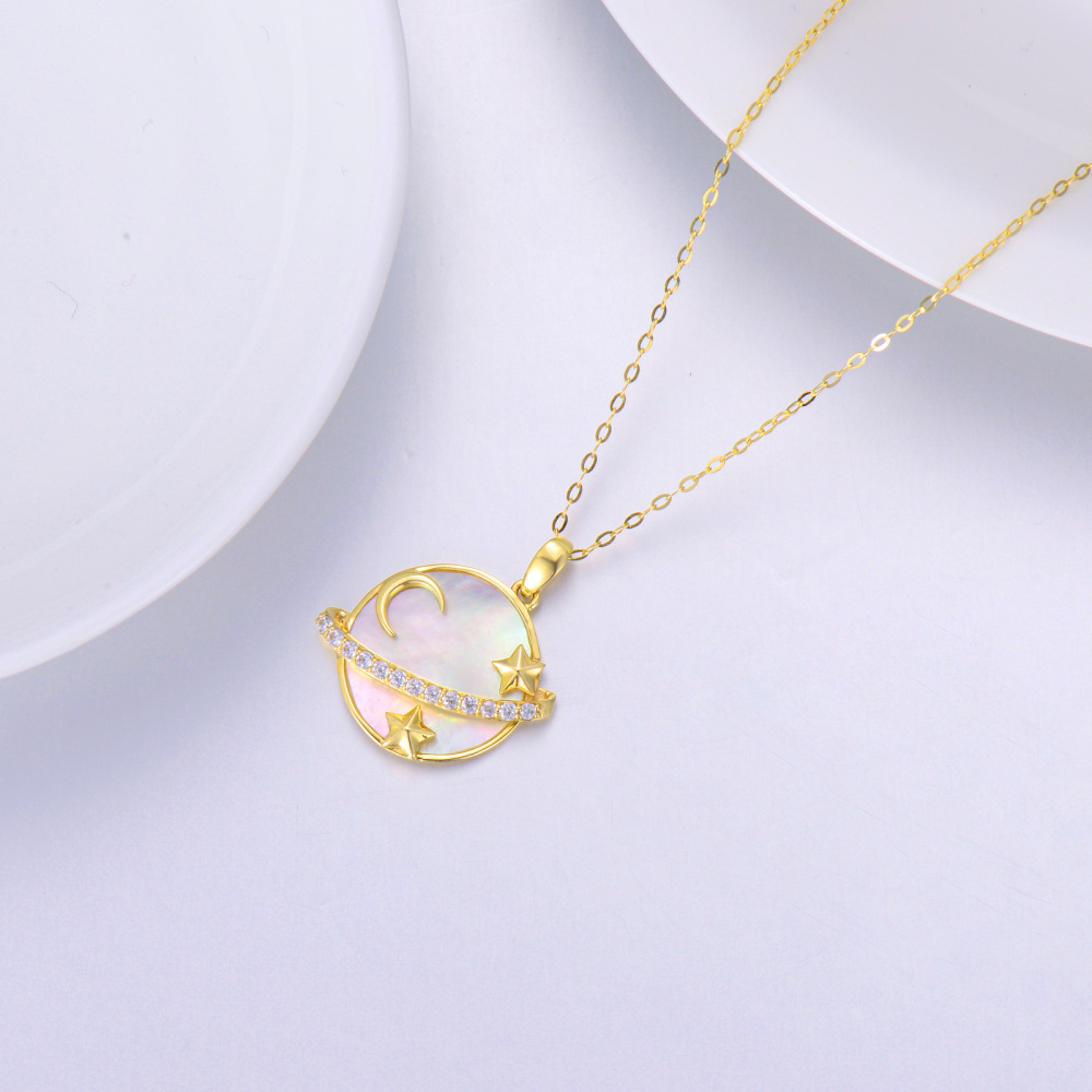 10K Gold Round Mother Of Pearl Moon & Planet With Star Pendant Necklace For Women-4