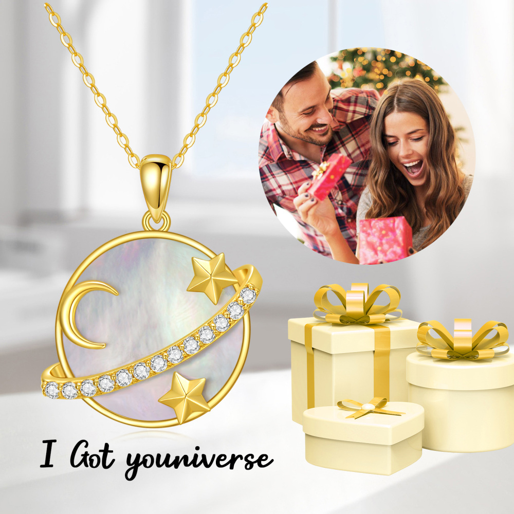 10K Gold Round Mother Of Pearl Moon & Planet With Star Pendant Necklace For Women-5