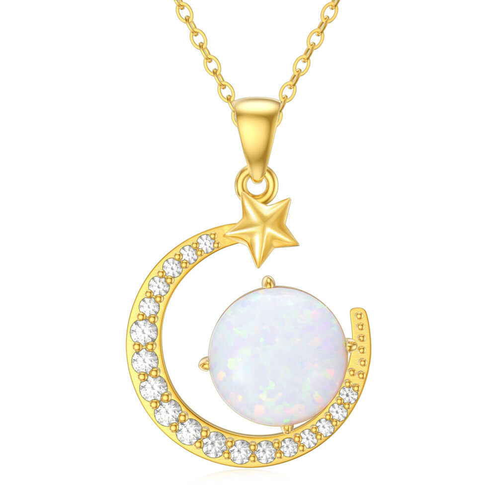 10K Gold Round Cubic Zirconia Opal Moon & Pentagram Pendant Necklace For Women Best Friends-1