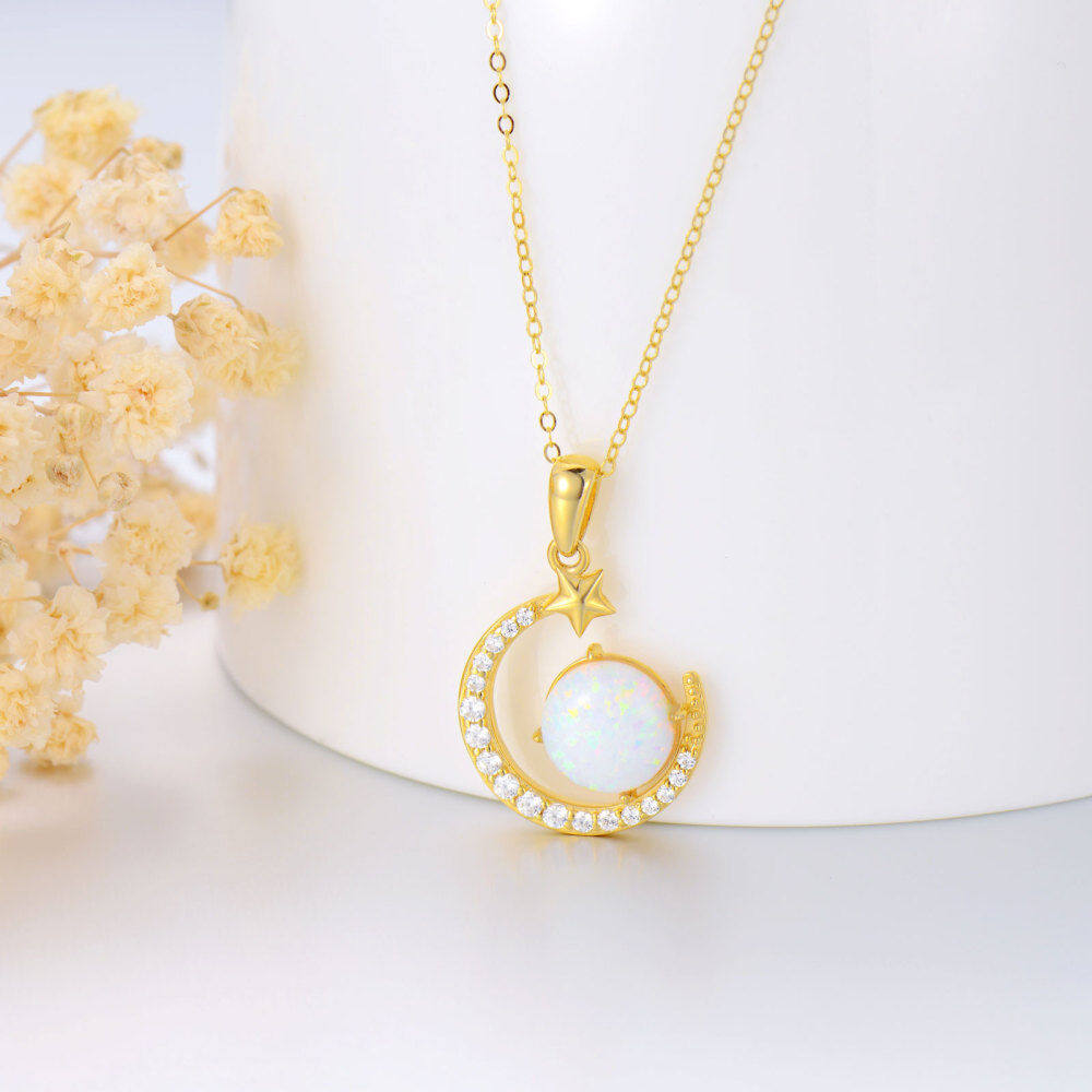 10K Gold Round Cubic Zirconia Opal Moon & Pentagram Pendant Necklace For Women Best Friends-4