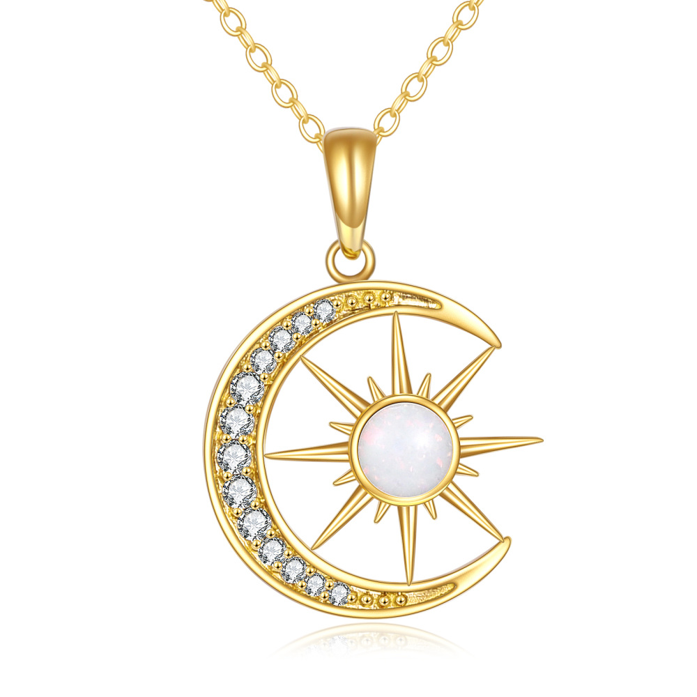 18K Gold Round Opal Moon & Sun Pendant Necklace-1
