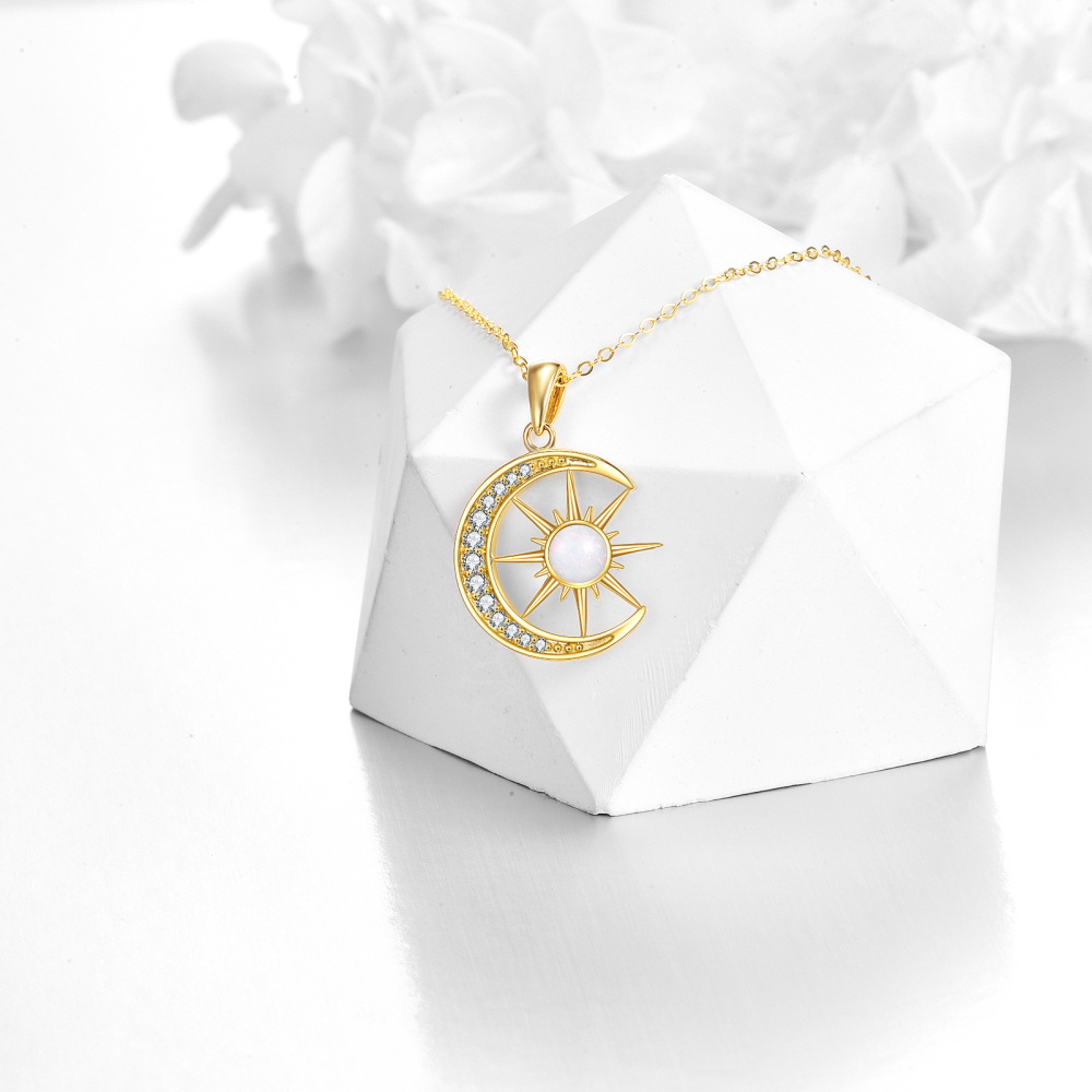 18K Gold Round Opal Moon & Sun Pendant Necklace-3
