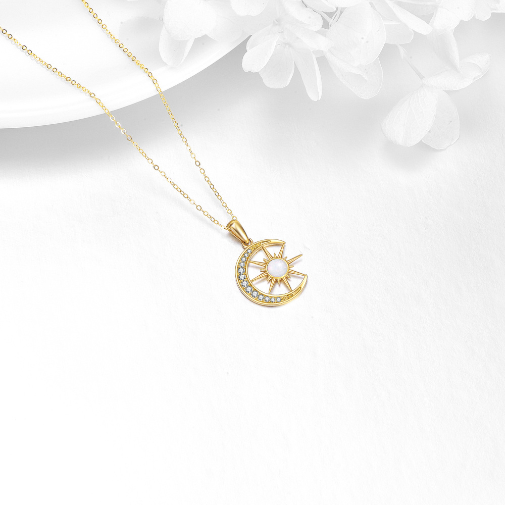 18K Gold Round Opal Moon & Sun Pendant Necklace-4