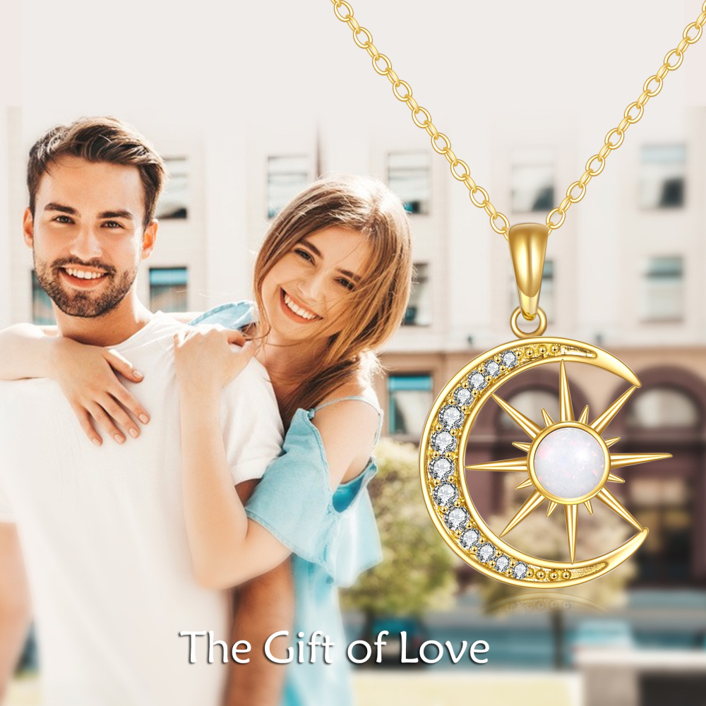 18K Gold Round Opal Moon & Sun Pendant Necklace-5